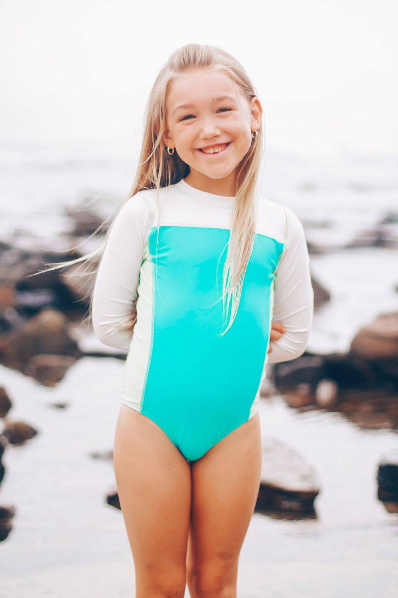 Girls Long Sleeve Surf Suit (One Piece Bodysuit) | "Aqua"-SwimZip UPF 50+ Sun Protective Swimwear & UV Zipper Rash Guards-pos2