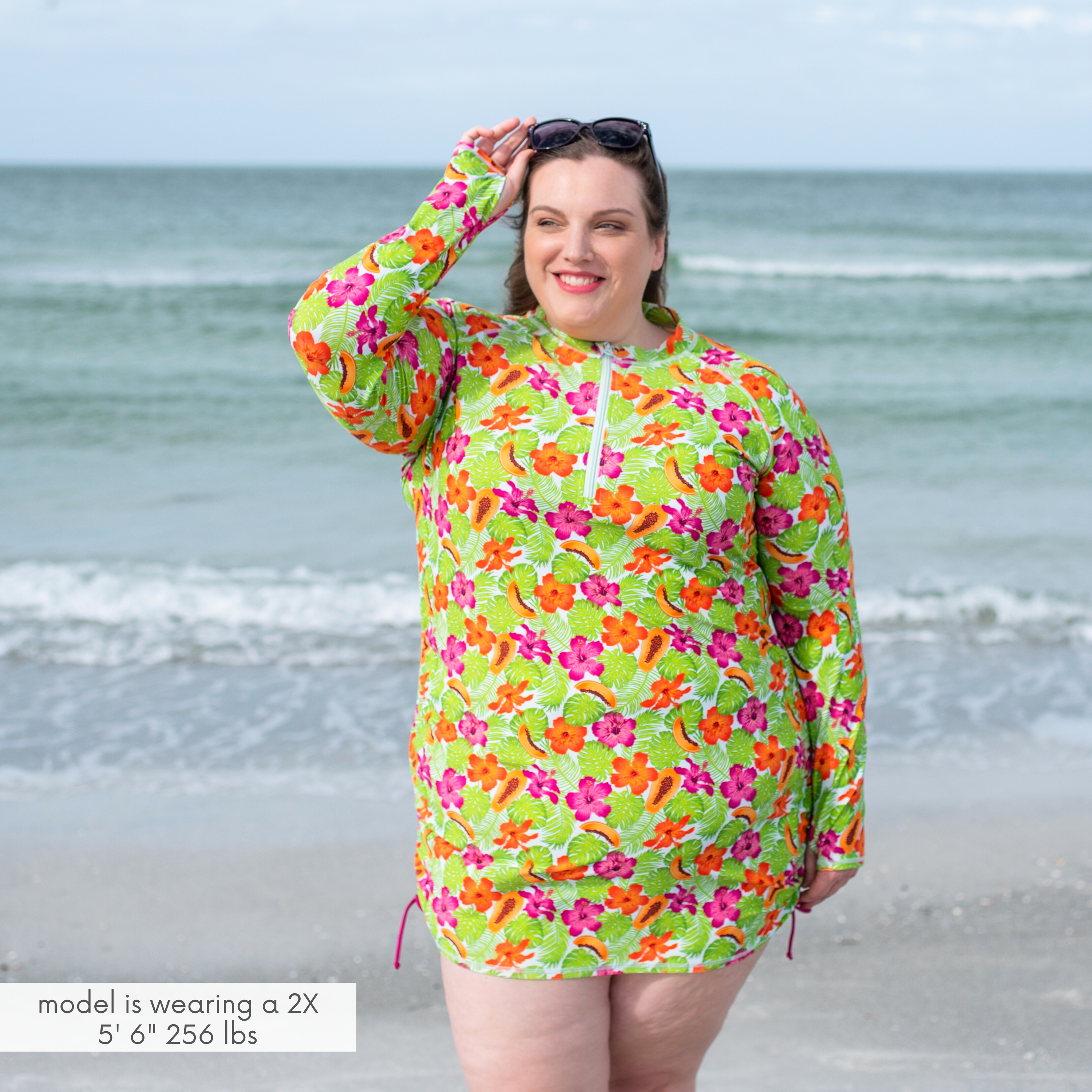 Women's Half Zip Swim Dress Cover Up | "Hibiscus"-SwimZip UPF 50+ Sun Protective Swimwear & UV Zipper Rash Guards-pos8