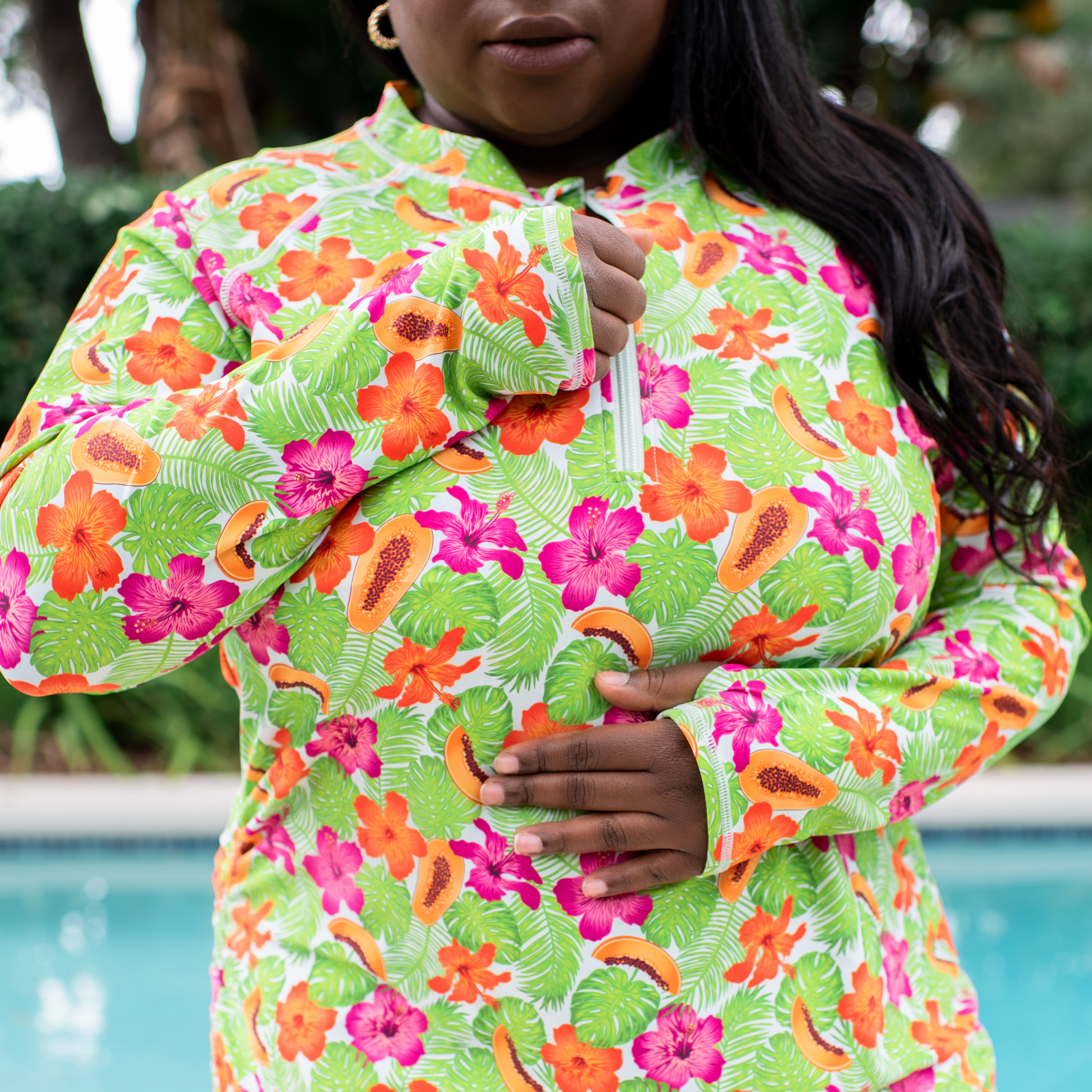 Women's Half Zip Swim Dress Cover Up | "Hibiscus"-SwimZip UPF 50+ Sun Protective Swimwear & UV Zipper Rash Guards-pos3