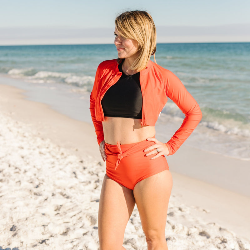 Women's High Waist Bikini Bottoms Tie Front | "Fiesta Red"-SwimZip UPF 50+ Sun Protective Swimwear & UV Zipper Rash Guards-pos8