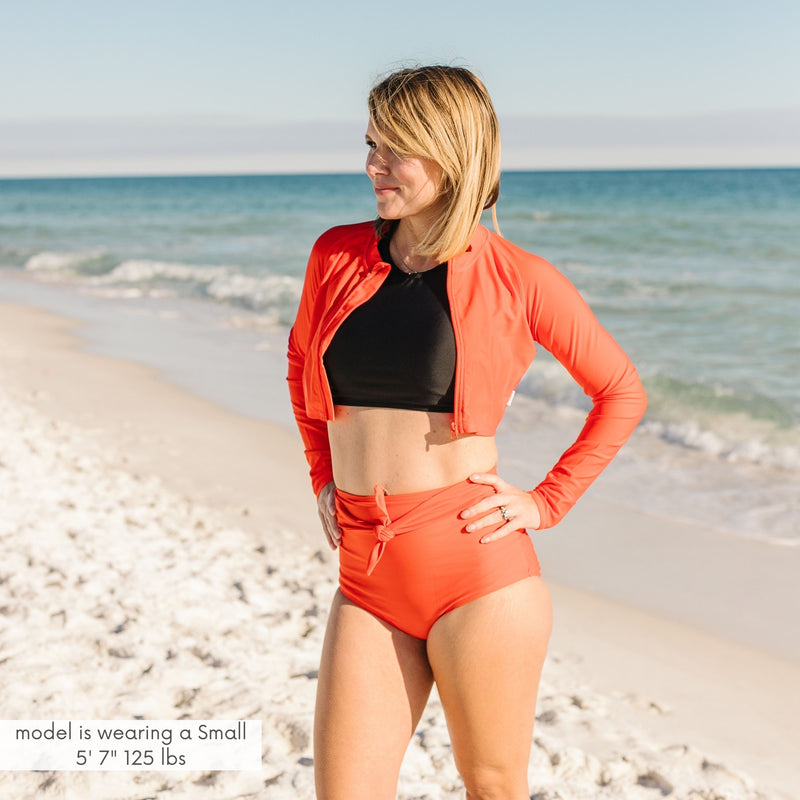 Women's Long Sleeve Crop Rash Guard | “Fiesta Red”-SwimZip UPF 50+ Sun Protective Swimwear & UV Zipper Rash Guards-pos10