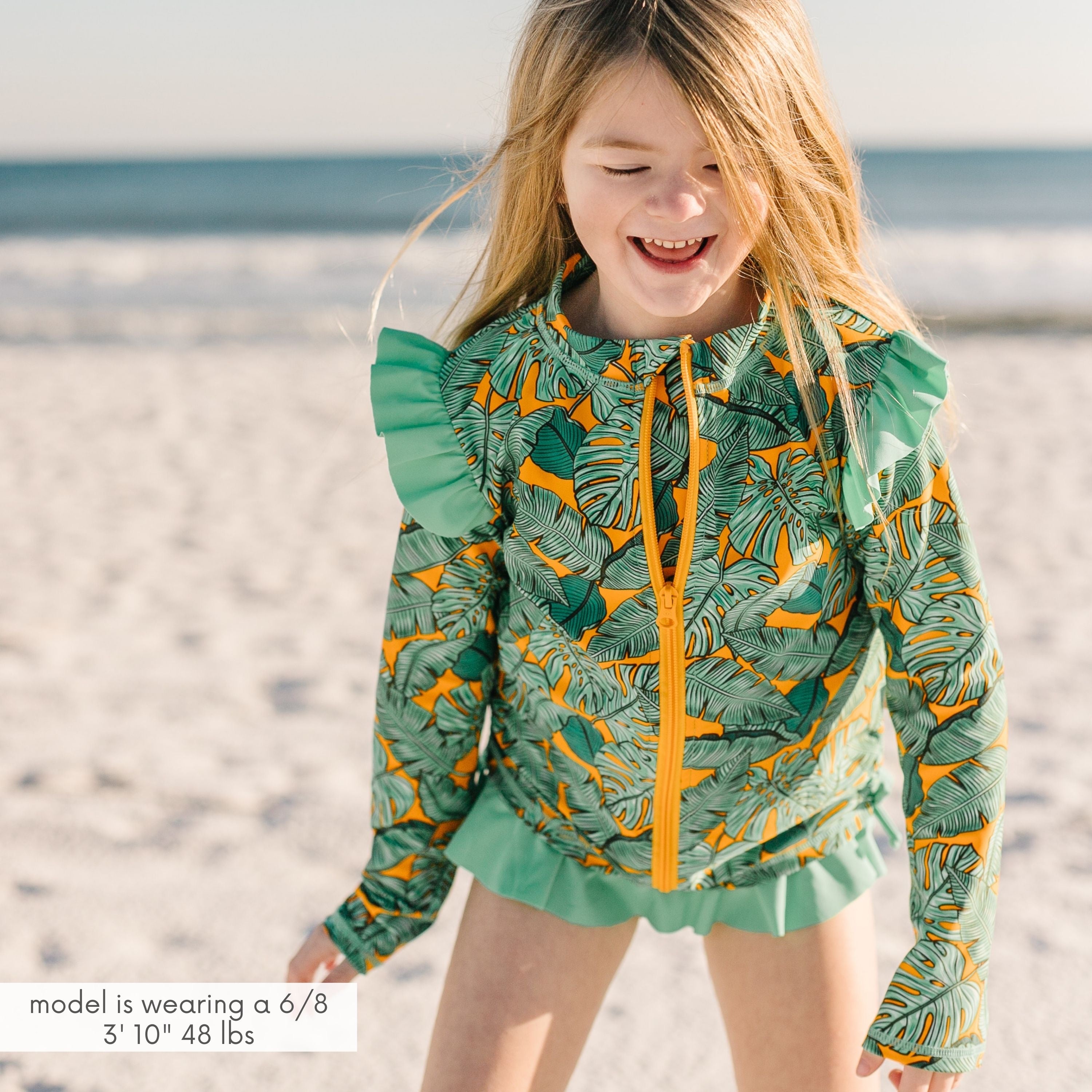 Girls Long Sleeve Rash Guard Ruffle Bottom Swimsuit Set (2 Piece) | "The Tropics"-SwimZip UPF 50+ Sun Protective Swimwear & UV Zipper Rash Guards-pos2