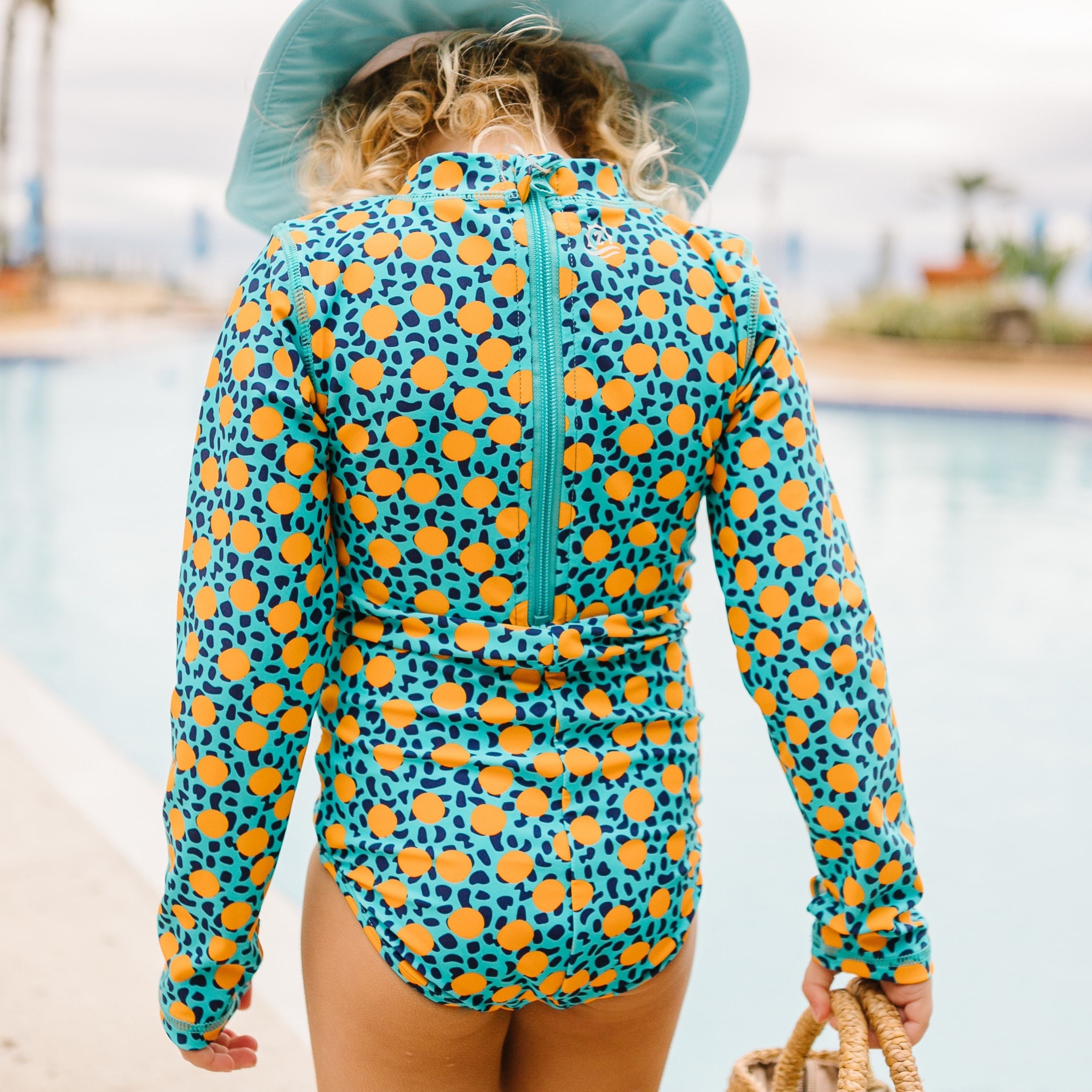 Girls Long Sleeve Surf Suit (One Piece Bodysuit) | "Geo Party"-SwimZip UPF 50+ Sun Protective Swimwear & UV Zipper Rash Guards-pos6