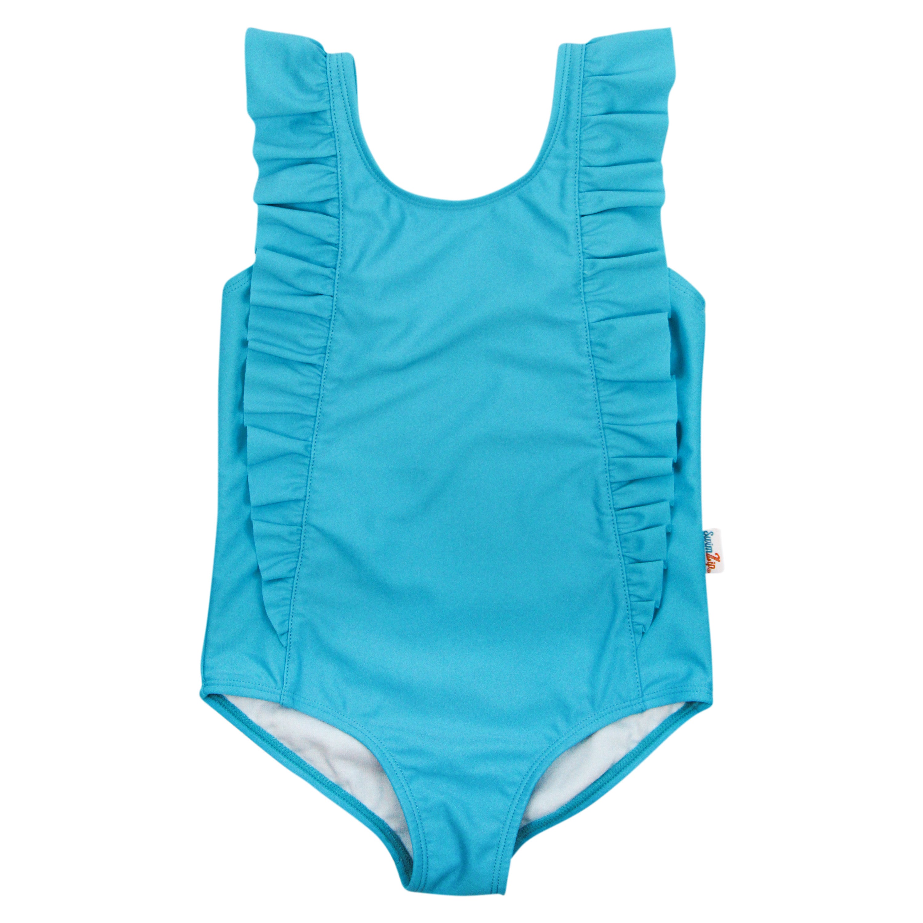 Girls Ruffle One-Piece Swimsuit | "Too Sweet" Scuba Blue-6-12 Month-Scuba Blue-SwimZip UPF 50+ Sun Protective Swimwear & UV Zipper Rash Guards-pos1