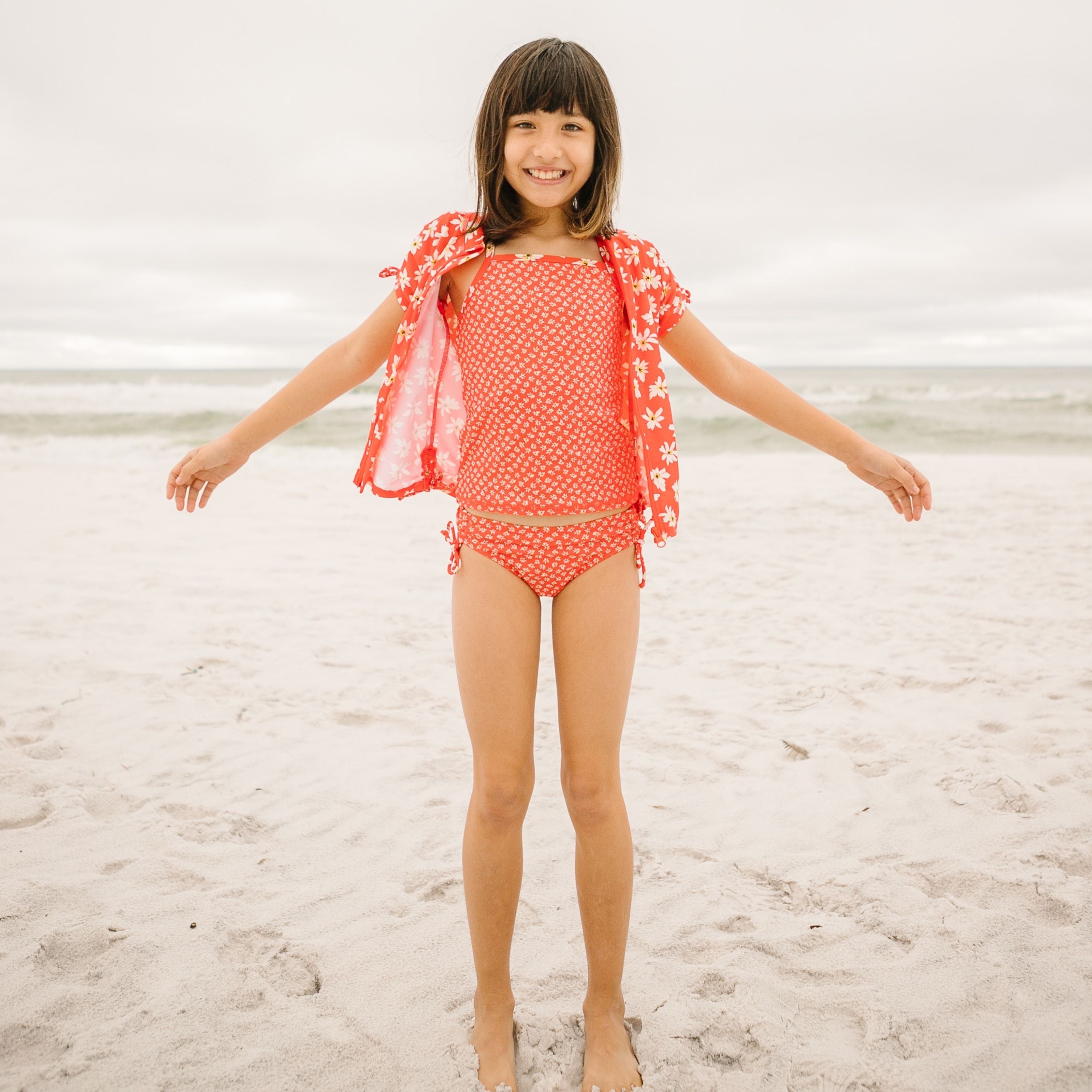 Girls Short Sleeve Rash Guard + Tankini Bikini Set (3 Piece) | "Daisy”-SwimZip UPF 50+ Sun Protective Swimwear & UV Zipper Rash Guards-pos2