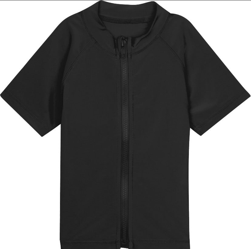Kids Short Sleeve Zipper Rash Guard Swim Shirt | “Black”-12-14-Black-SwimZip UPF 50+ Sun Protective Swimwear & UV Zipper Rash Guards-pos1