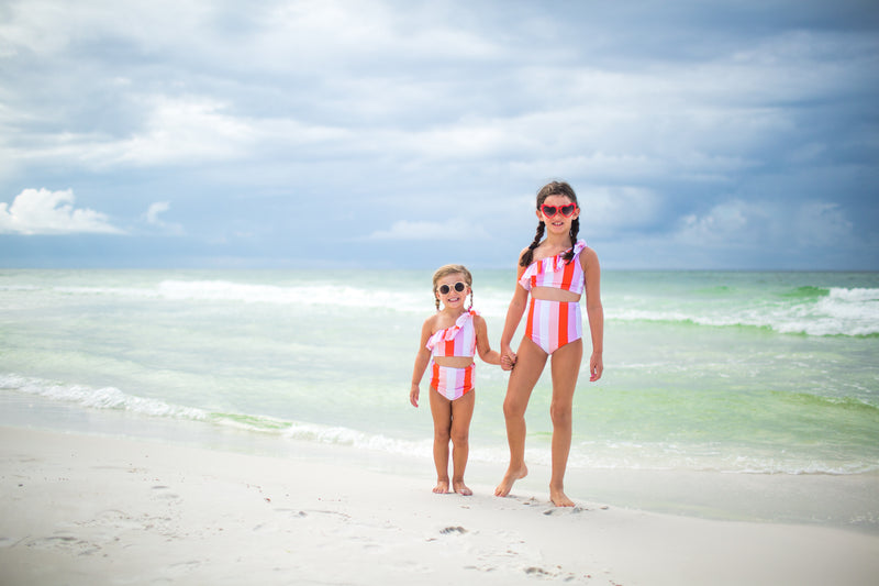 Girls Bikini One-Shoulder + High Waist Bottom Swimsuit Set (2 Piece) - "Peachy Stripes"-SwimZip UPF 50+ Sun Protective Swimwear & UV Zipper Rash Guards-pos3