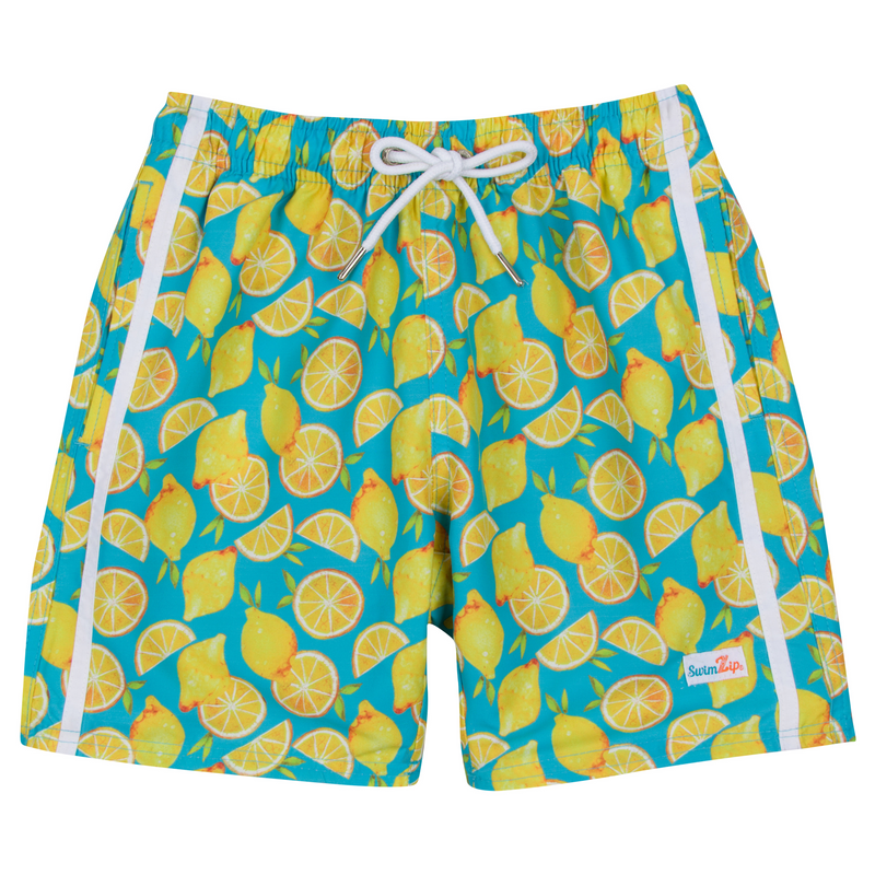 Men's 8" Swim Trunks Boxer Brief Liner | "Lemons"-Large-Lemons-SwimZip UPF 50+ Sun Protective Swimwear & UV Zipper Rash Guards-pos1