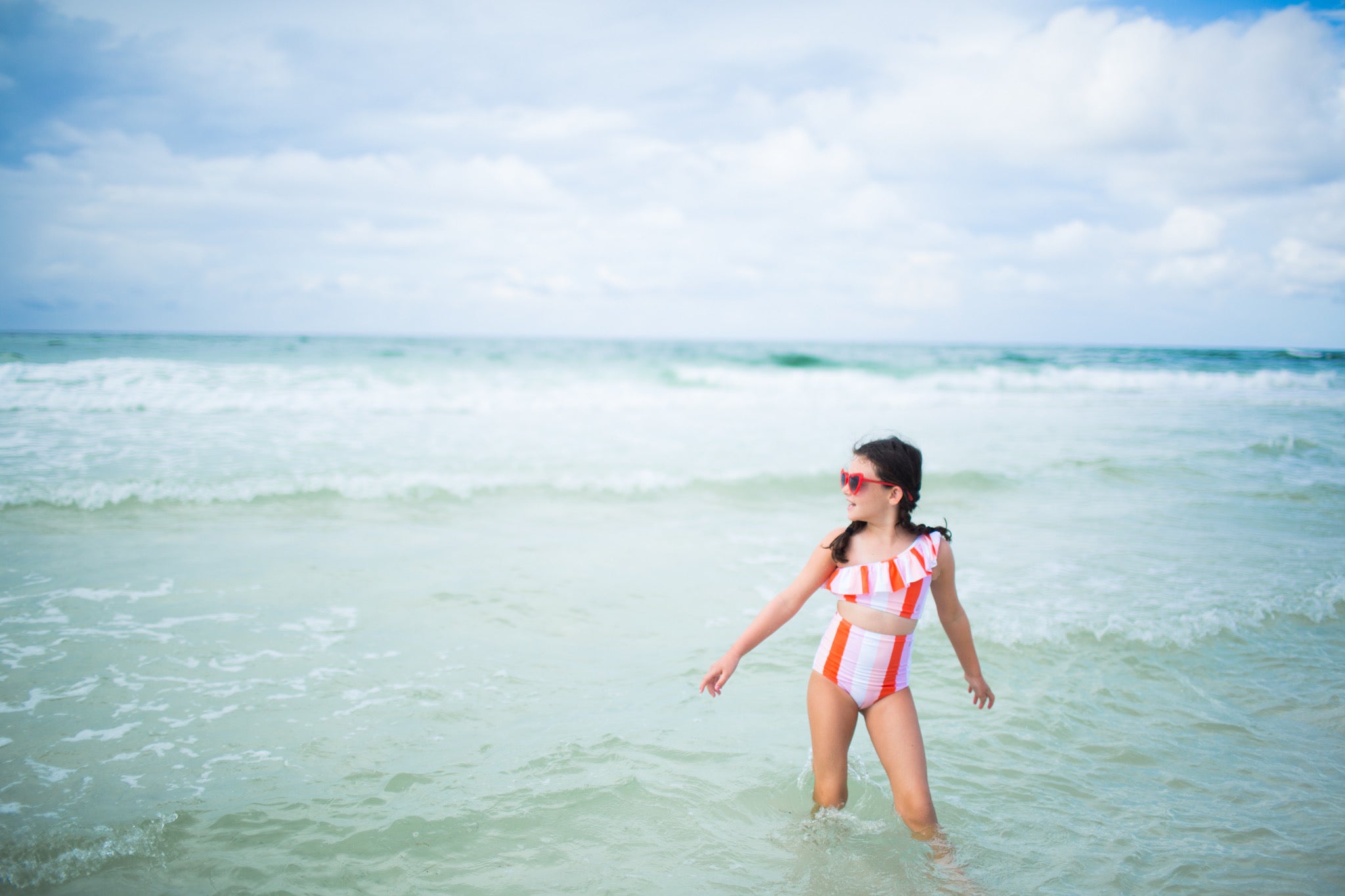 Girls Bikini One-Shoulder + High Waist Bottom Swimsuit Set (2 Piece) - "Peachy Stripes"-SwimZip UPF 50+ Sun Protective Swimwear & UV Zipper Rash Guards-pos7