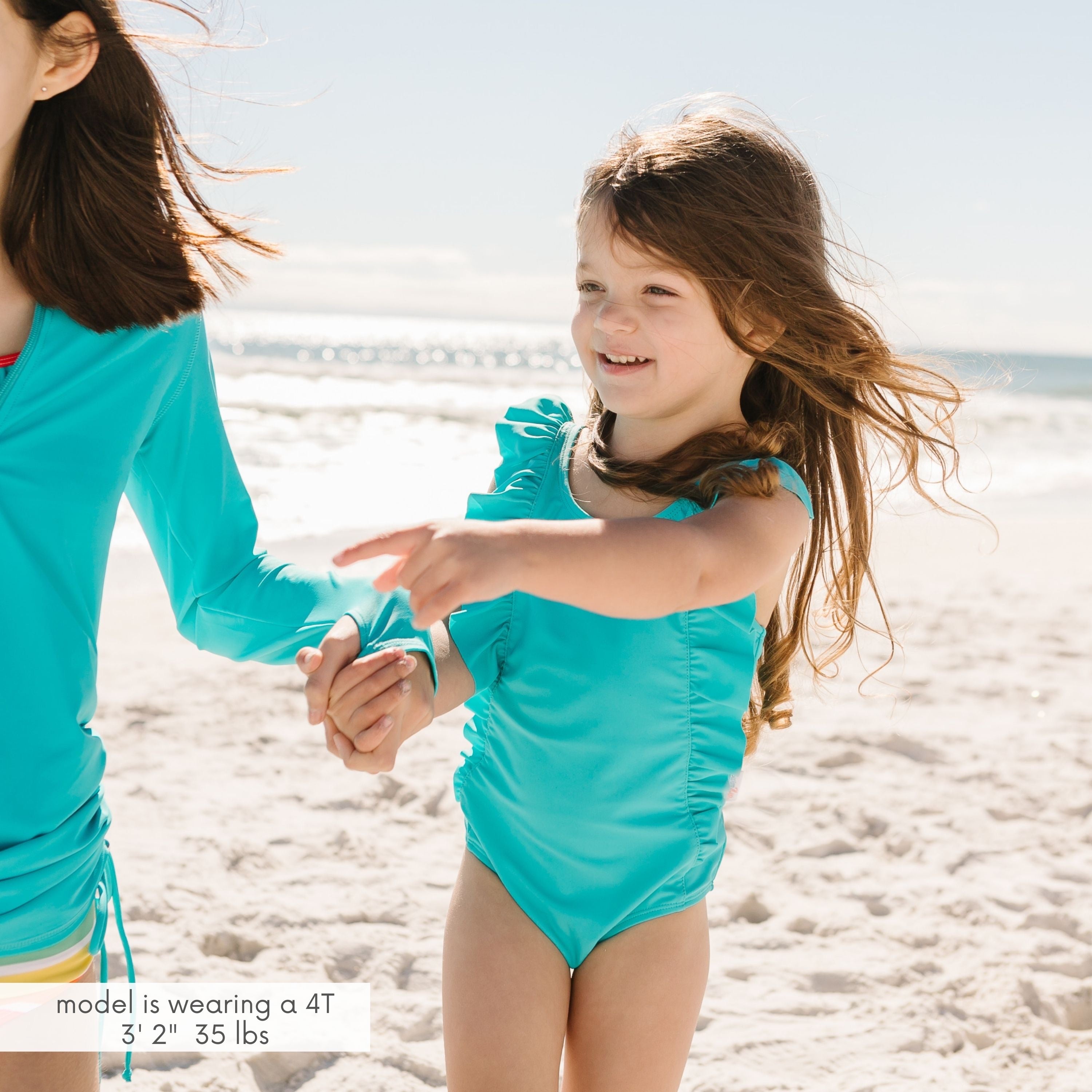 Girls Ruffle One-Piece Swimsuit | "Too Sweet" Scuba Blue-SwimZip UPF 50+ Sun Protective Swimwear & UV Zipper Rash Guards-pos4