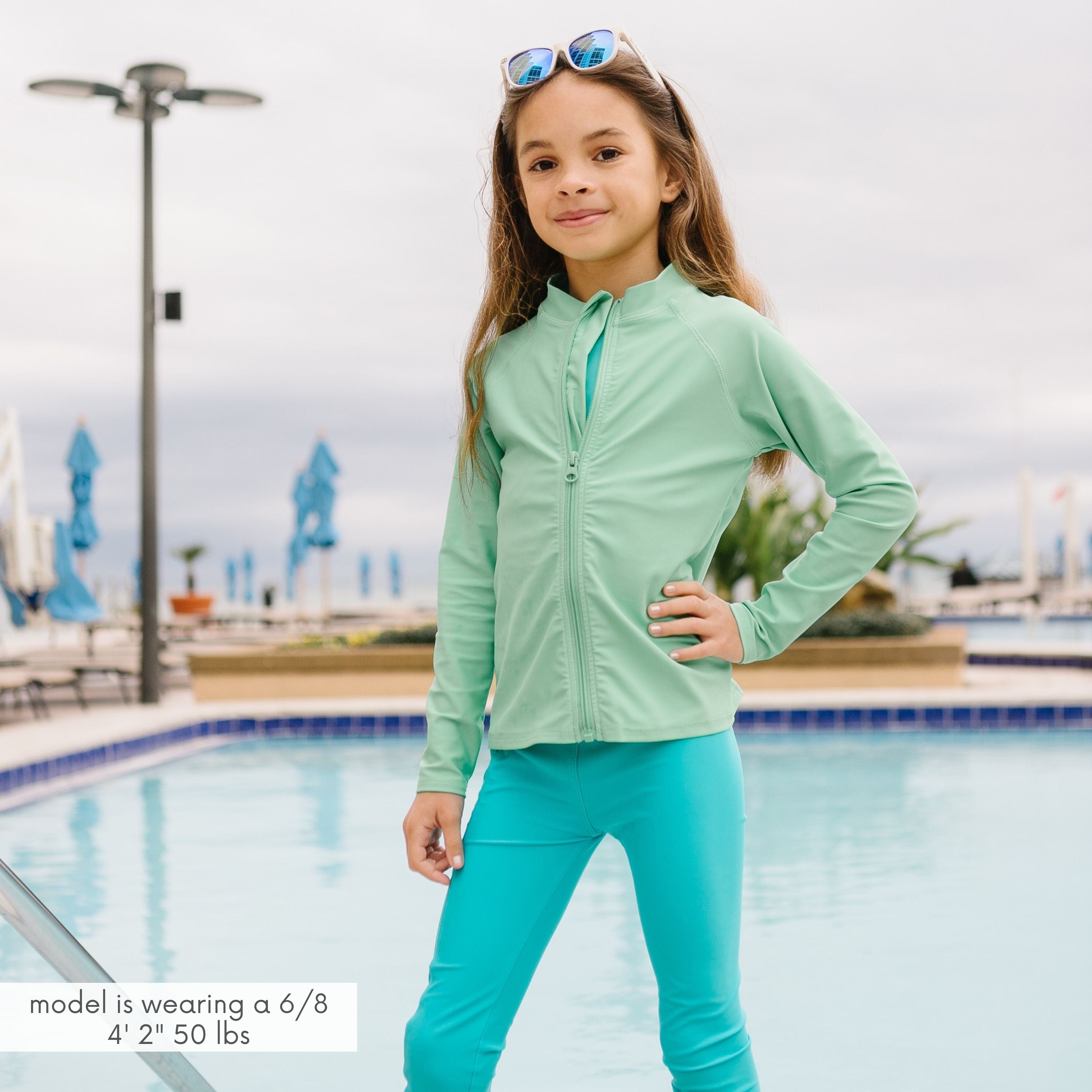 Kids UPF 50+ Long Sleeve Zipper Rash Guard Swim Shirt | Light Jade
