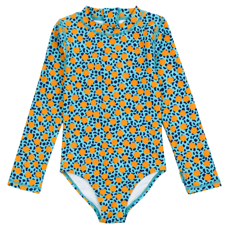 Girls Long Sleeve Surf Suit (One Piece Bodysuit) | "Geo Party"-2T-Geo Party-SwimZip UPF 50+ Sun Protective Swimwear & UV Zipper Rash Guards-pos1