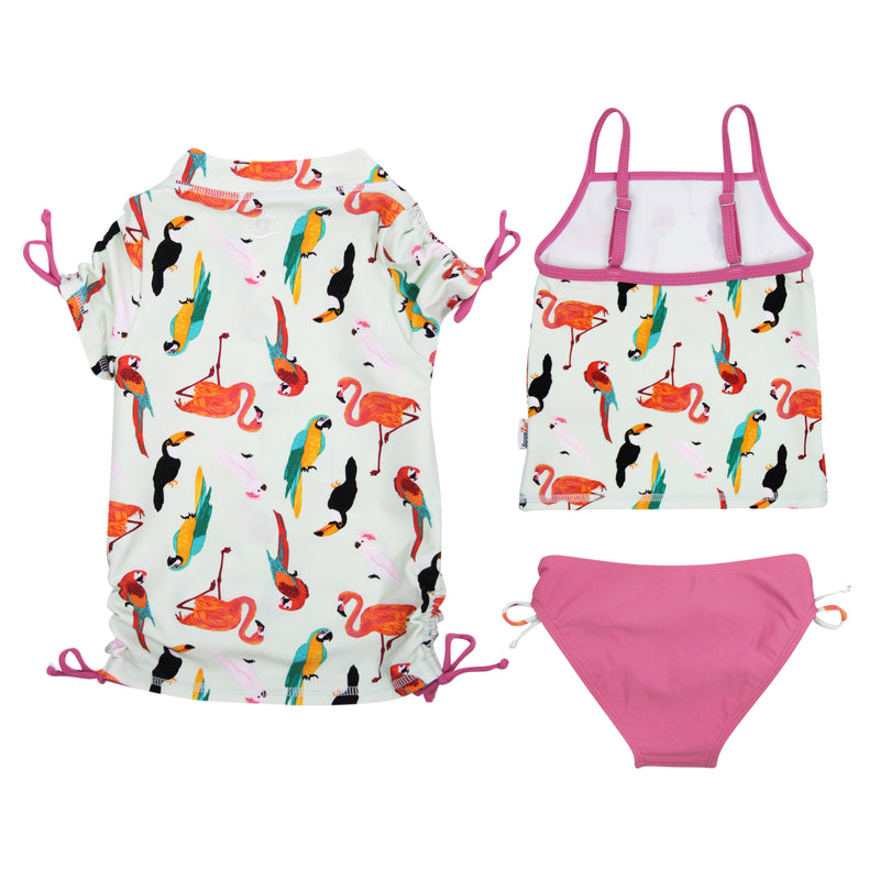 Girls Short Sleeve Rash Guard + Tankini Bikini Set (3 Piece) | "Tropical Birds”-SwimZip UPF 50+ Sun Protective Swimwear & UV Zipper Rash Guards-pos9
