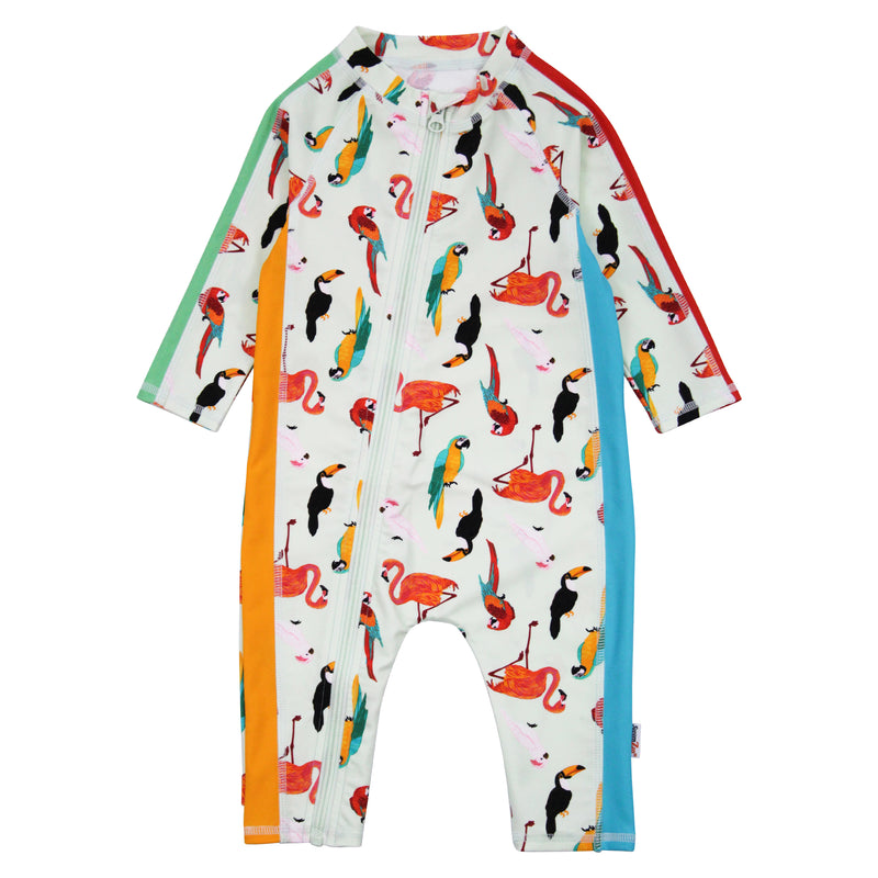 Sunsuit - Long Sleeve Romper Swimsuit | "Tropical Birds"-0-6 Month-SwimZip UPF 50+ Sun Protective Swimwear & UV Zipper Rash Guards-pos1