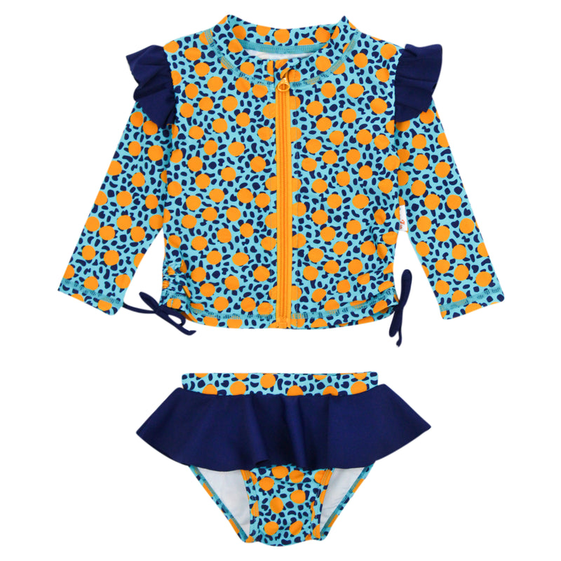 Girls Long Sleeve Rash Guard Ruffle Bottom Swimsuit Set (2 Piece) | "Geo Party"-SwimZip UPF 50+ Sun Protective Swimwear & UV Zipper Rash Guards-pos1