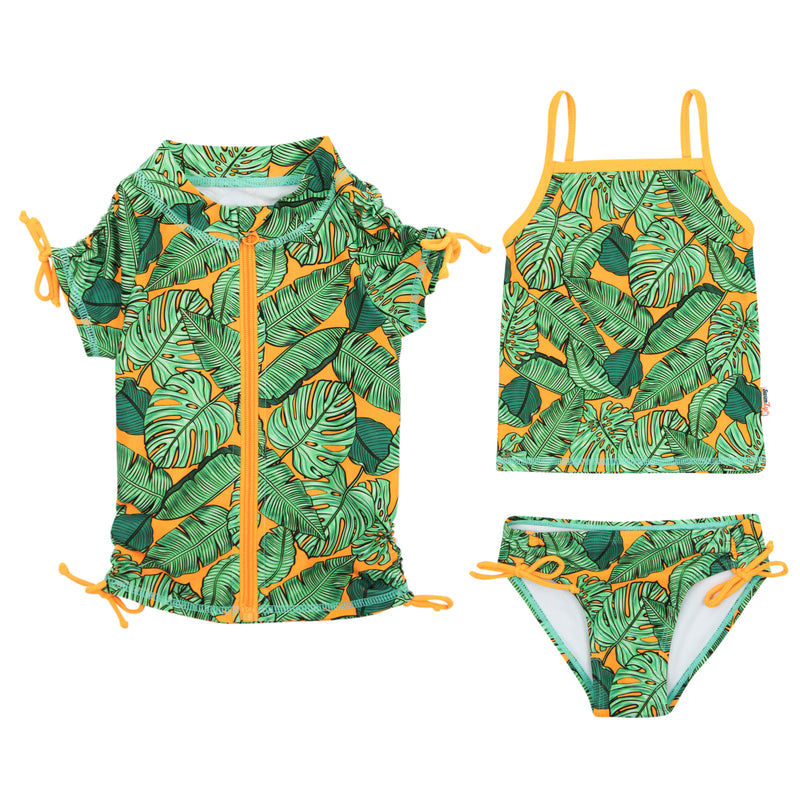 Girls Short Sleeve Rash Guard + Tankini Bikini Set (3 Piece) | "The Tropics”-2T-The Tropics-SwimZip UPF 50+ Sun Protective Swimwear & UV Zipper Rash Guards-pos1