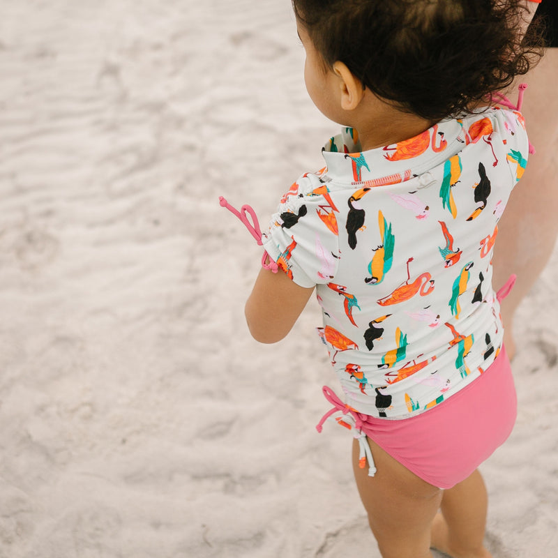 Girls Short Sleeve Rash Guard + Tankini Bikini Set (3 Piece) | "Tropical Birds”-SwimZip UPF 50+ Sun Protective Swimwear & UV Zipper Rash Guards-pos7