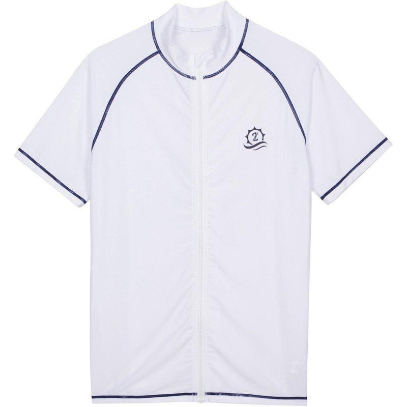 Men's Short Sleeve Rash Guard Swim Shirt - “White with Navy Contrast Stitching”-Small-White-SwimZip UPF 50+ Sun Protective Swimwear & UV Zipper Rash Guards-pos1
