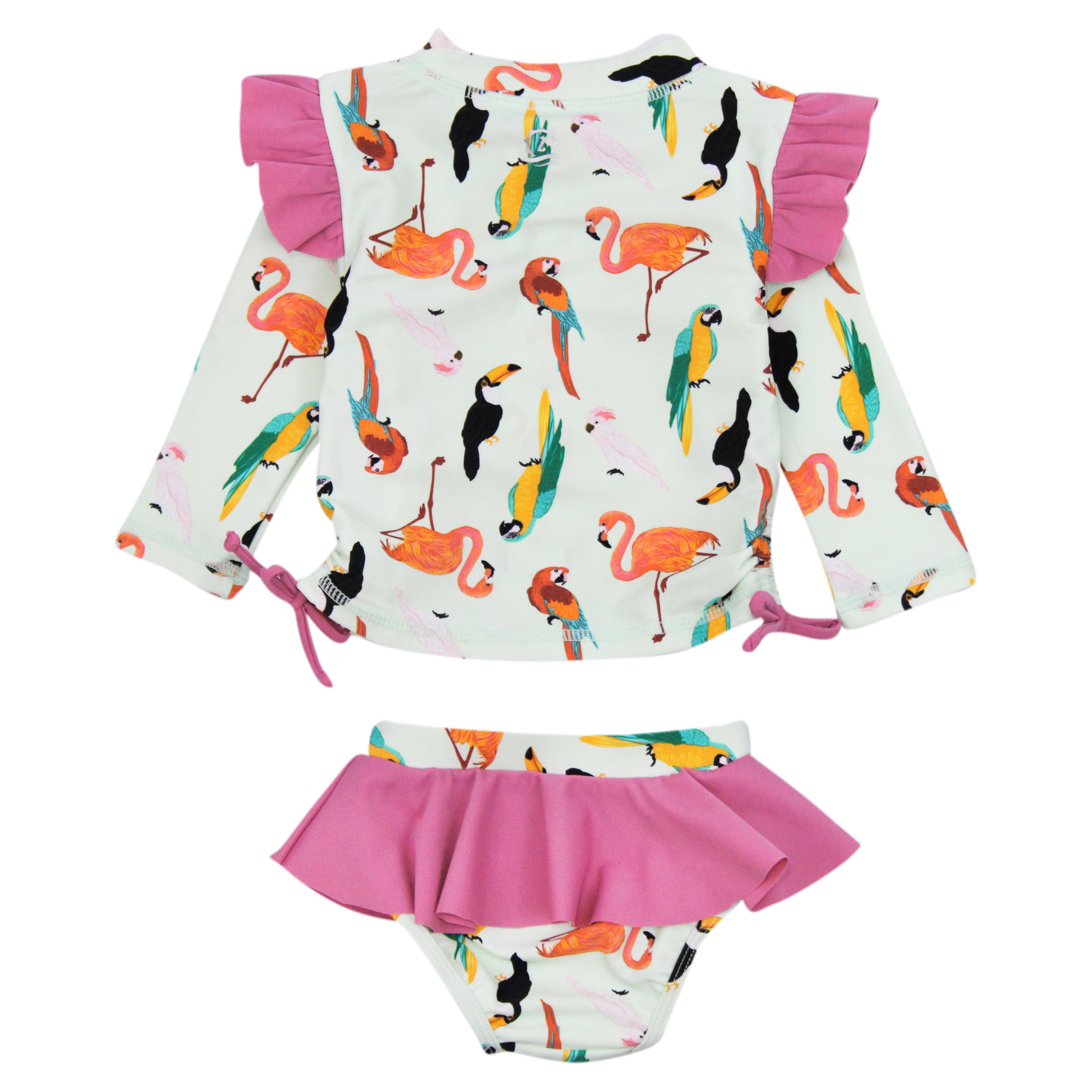 Girls Long Sleeve Rash Guard Ruffle Bottom Swimsuit Set (2 Piece) | "Tropical Birds"-SwimZip UPF 50+ Sun Protective Swimwear & UV Zipper Rash Guards-pos10