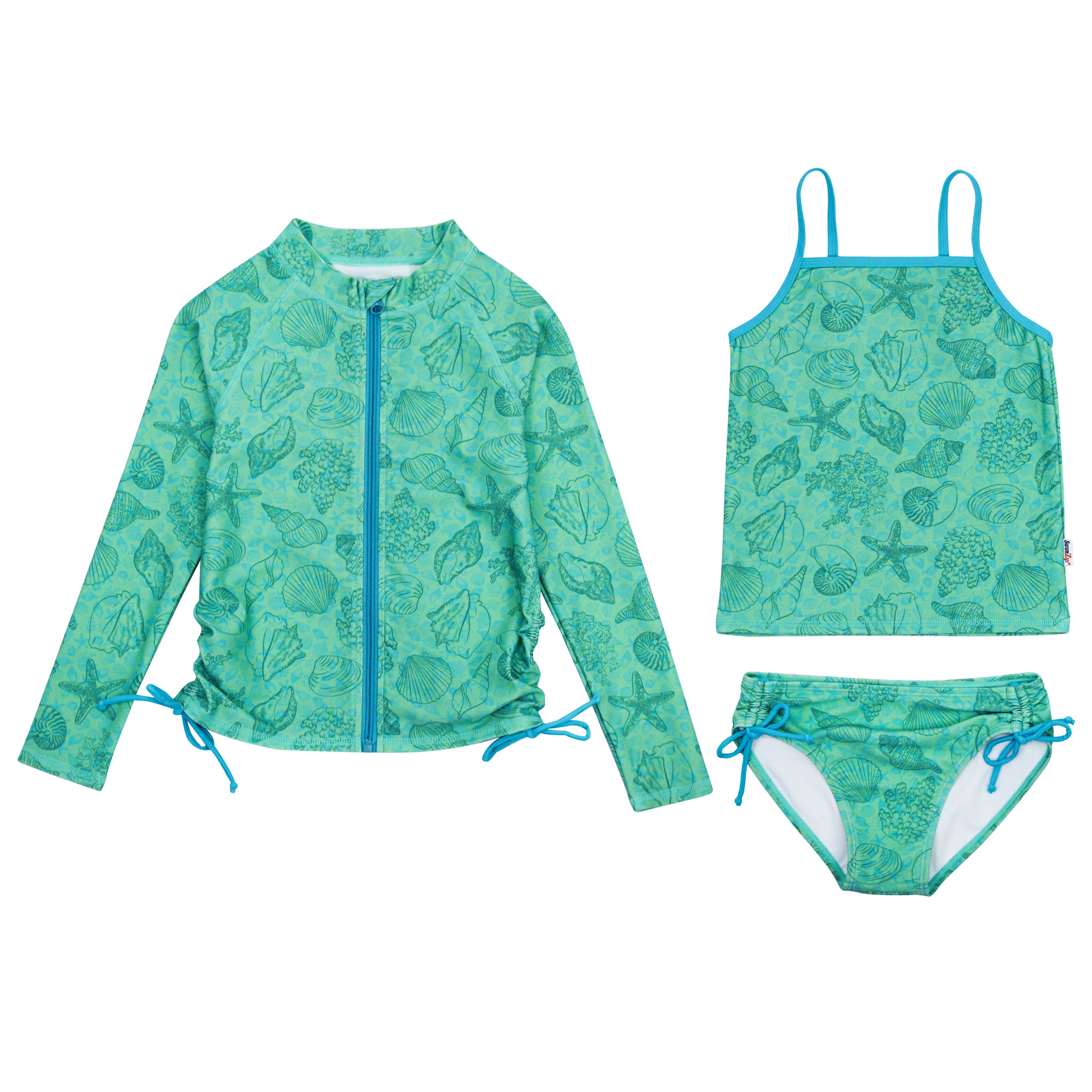 Girls Long Sleeve Rash Guard + Tankini Bikini Set (3 Piece) | "Seashell”-2T-Seashell-SwimZip UPF 50+ Sun Protective Swimwear & UV Zipper Rash Guards-pos1