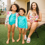 Girls Long Sleeve Rash Guard Ruffle Bottom Swimsuit Set (2 Piece) | "Tropical Birds"-SwimZip UPF 50+ Sun Protective Swimwear & UV Zipper Rash Guards-pos4