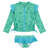 Girls Long Sleeve Rash Guard Ruffle Bottom Swimsuit Set (2 Piece) | "Seashell"-0-3 Month-Seashell-SwimZip UPF 50+ Sun Protective Swimwear & UV Zipper Rash Guards-pos1