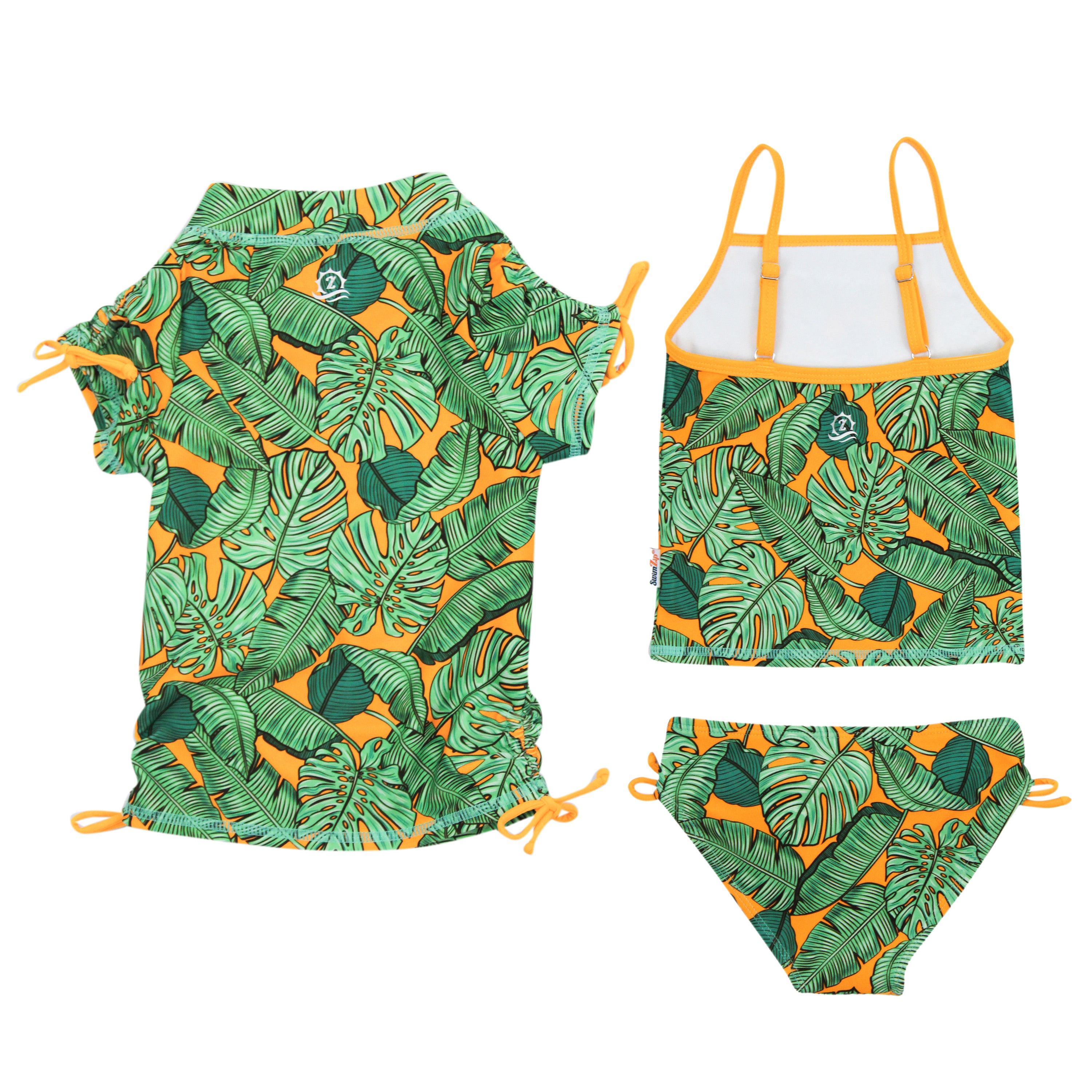 Girls Short Sleeve Rash Guard + Tankini Bikini Set (3 Piece) | Swirl”