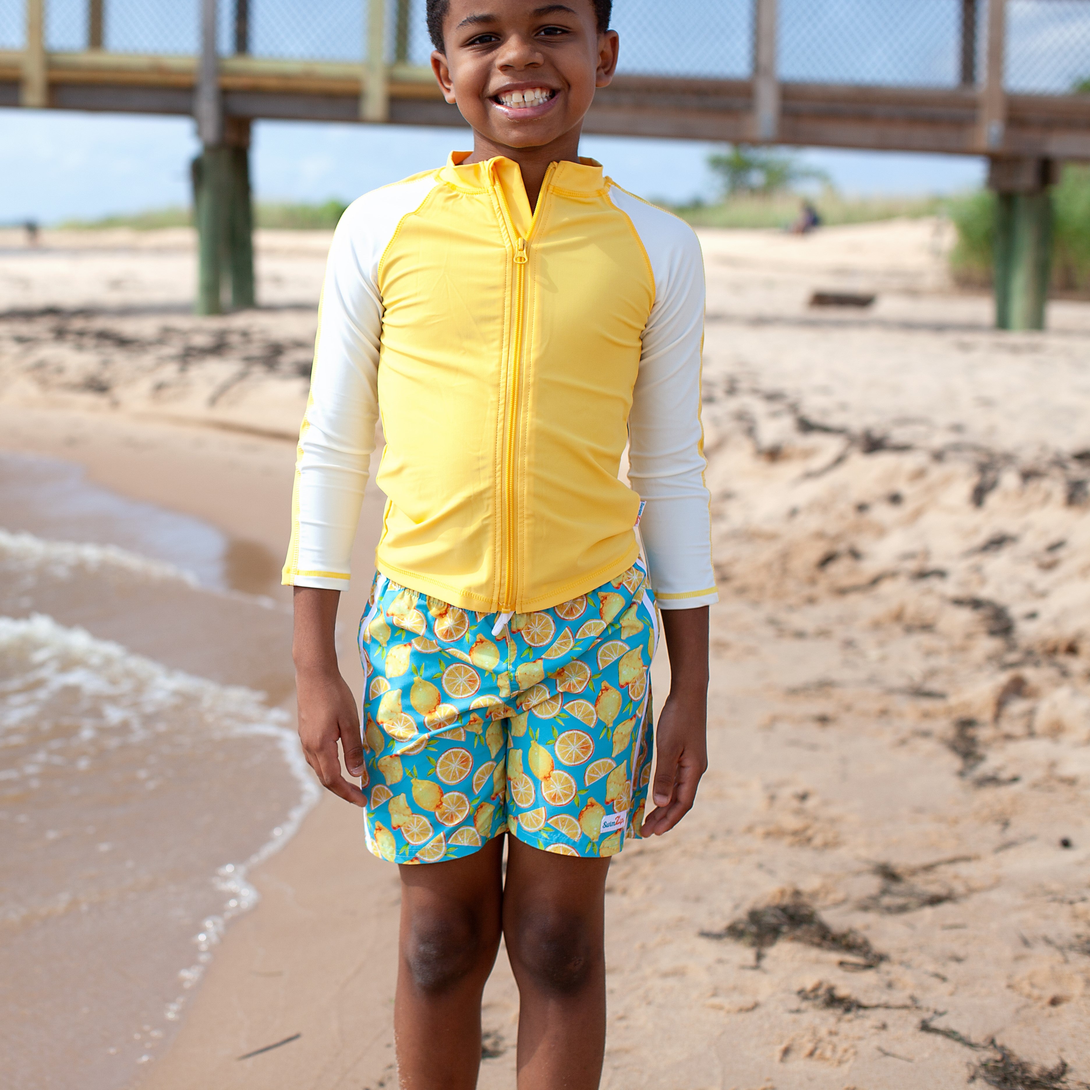 Boys Long Sleeve Zipper Rash Guard and Swim Trunk Set | "Lemons"-SwimZip UPF 50+ Sun Protective Swimwear & UV Zipper Rash Guards-pos9