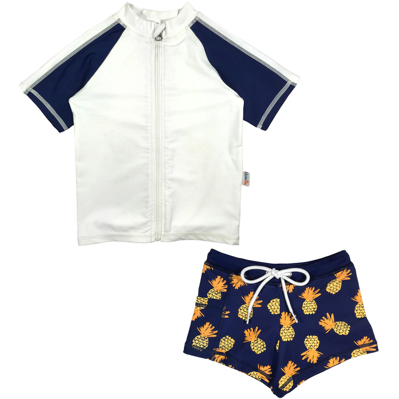 Kids Euro Shorties + Short Sleeve Rash Guard Set - Pineapple Dreams-0-3 Month-Pineapple-SwimZip UPF 50+ Sun Protective Swimwear & UV Zipper Rash Guards-pos1