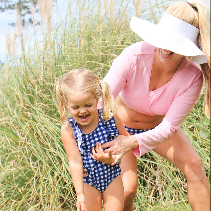 Girls Ruffle One-Piece Swimsuit | "Too Sweet" Navy Gingham-SwimZip UPF 50+ Sun Protective Swimwear & UV Zipper Rash Guards-pos7