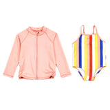 Girls One-Piece Swimsuit + Long Sleeve Rash Guard Set (2 Piece) | "Multi Stripe"-6-12 Month-Multi Stripe-SwimZip UPF 50+ Sun Protective Swimwear & UV Zipper Rash Guards-pos1
