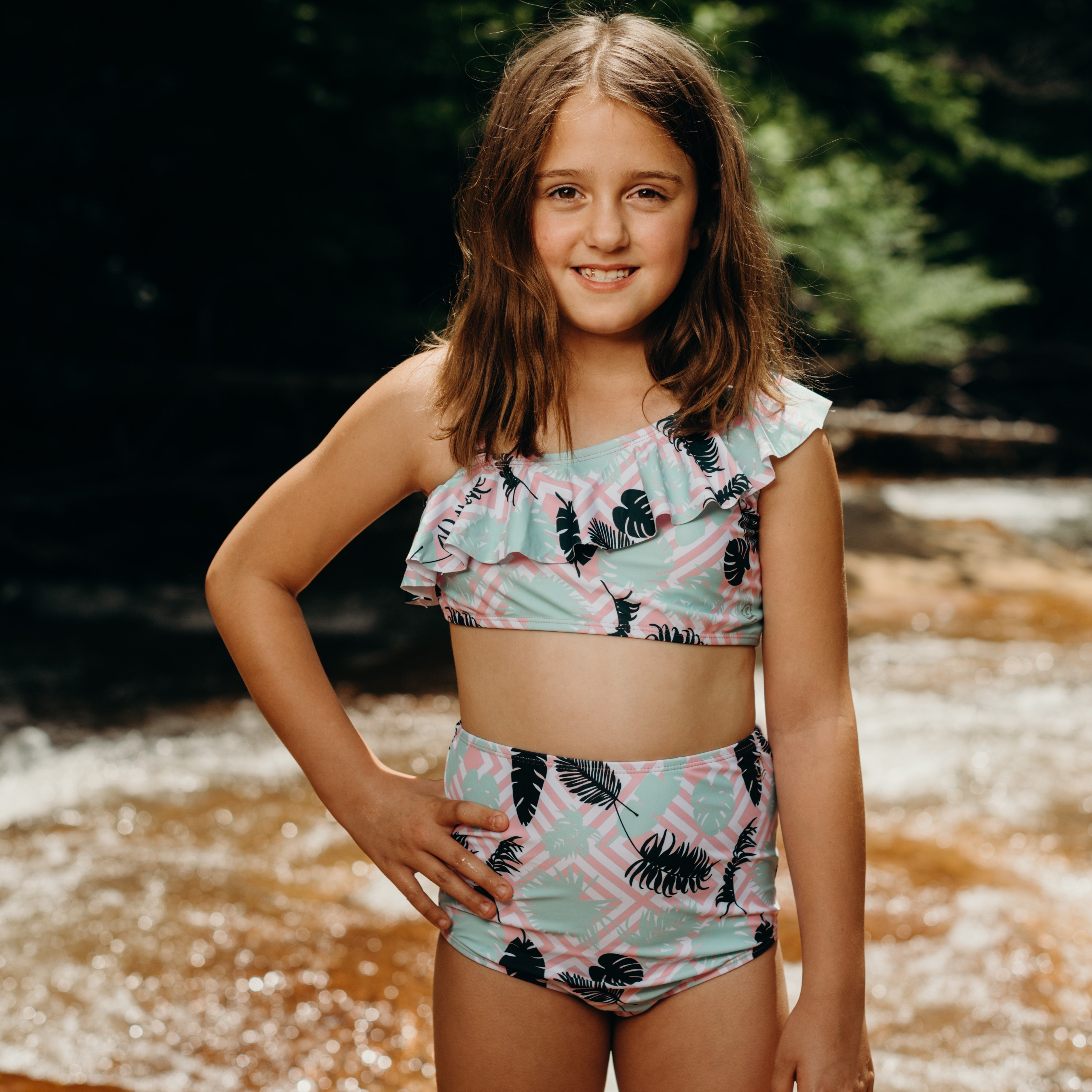 SwimZip Girl's One Shoulder Swim Set - Palm Breeze - Sun Protection