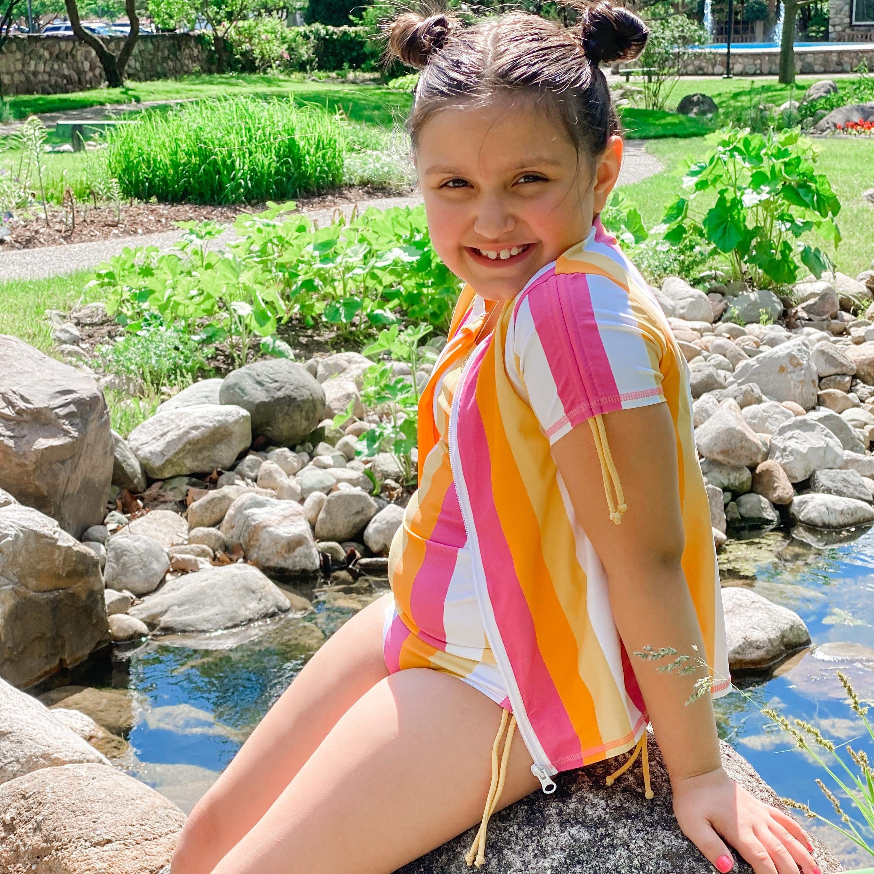 Girls Short Sleeve Rash Guard + Tankini Bikini Set (3 Piece) | "Be Bold”-SwimZip UPF 50+ Sun Protective Swimwear & UV Zipper Rash Guards-pos2