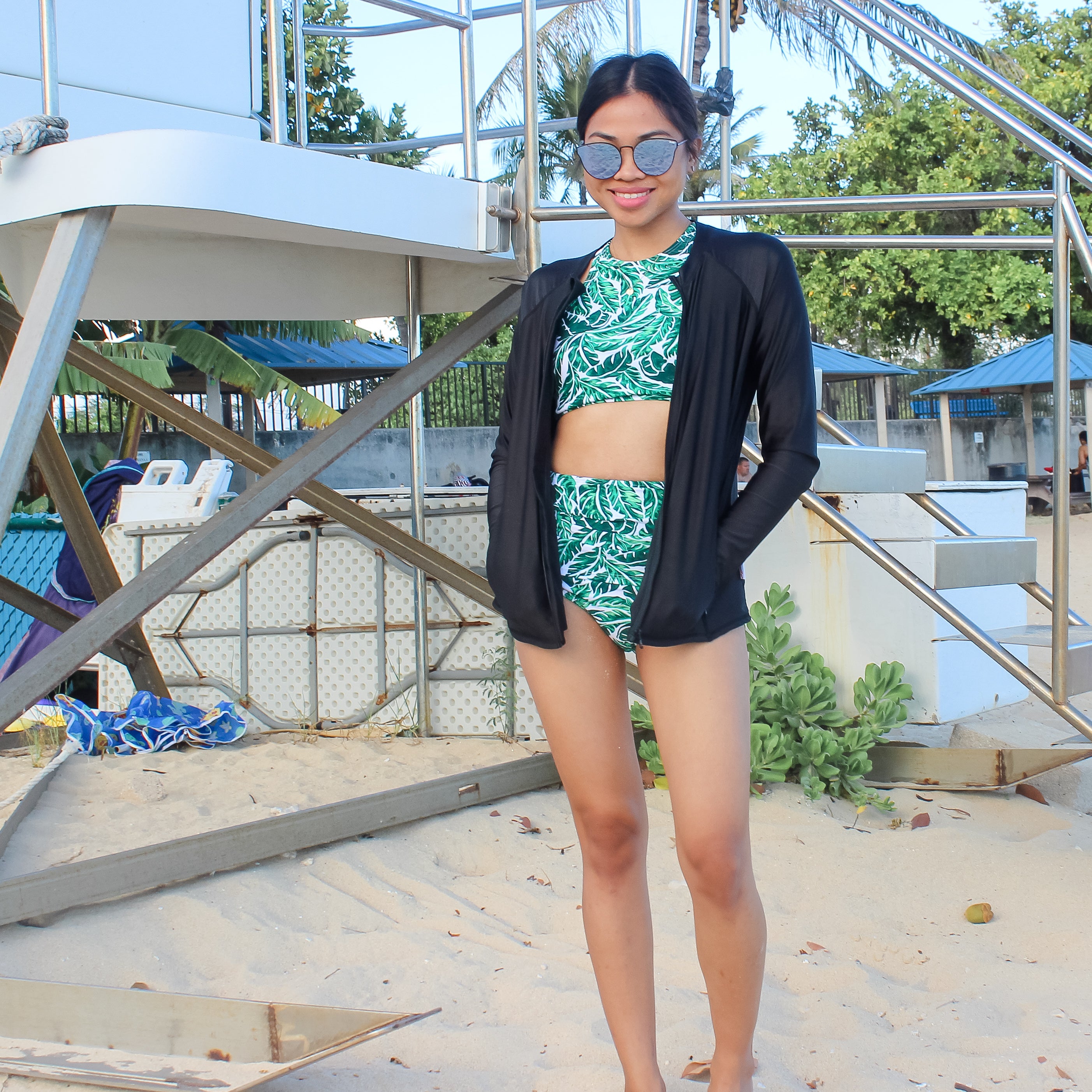Women's High Waist Bikini Bottoms Ruched | "Palm Leaf"-SwimZip UPF 50+ Sun Protective Swimwear & UV Zipper Rash Guards-pos2