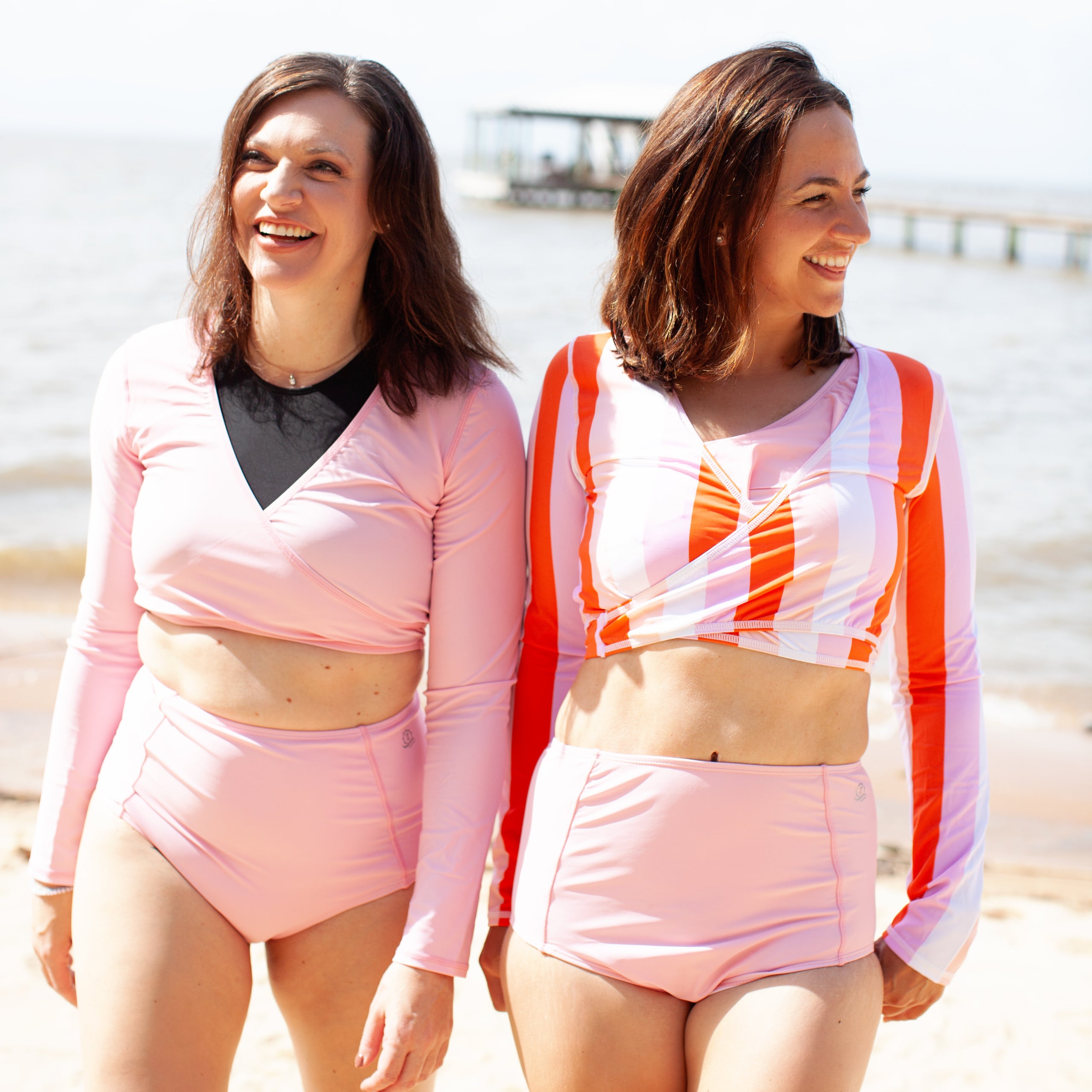 Women's Long Sleeve Swim Wrap Top - "Peachy Stripes”-SwimZip UPF 50+ Sun Protective Swimwear & UV Zipper Rash Guards-pos4